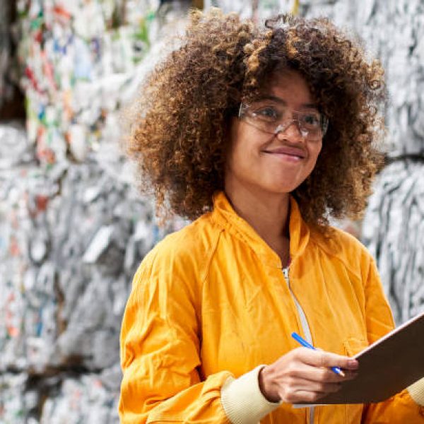 Medium shot of african american female waste management worker wearing protective glasses with stacks of crushed plastic bottles in background